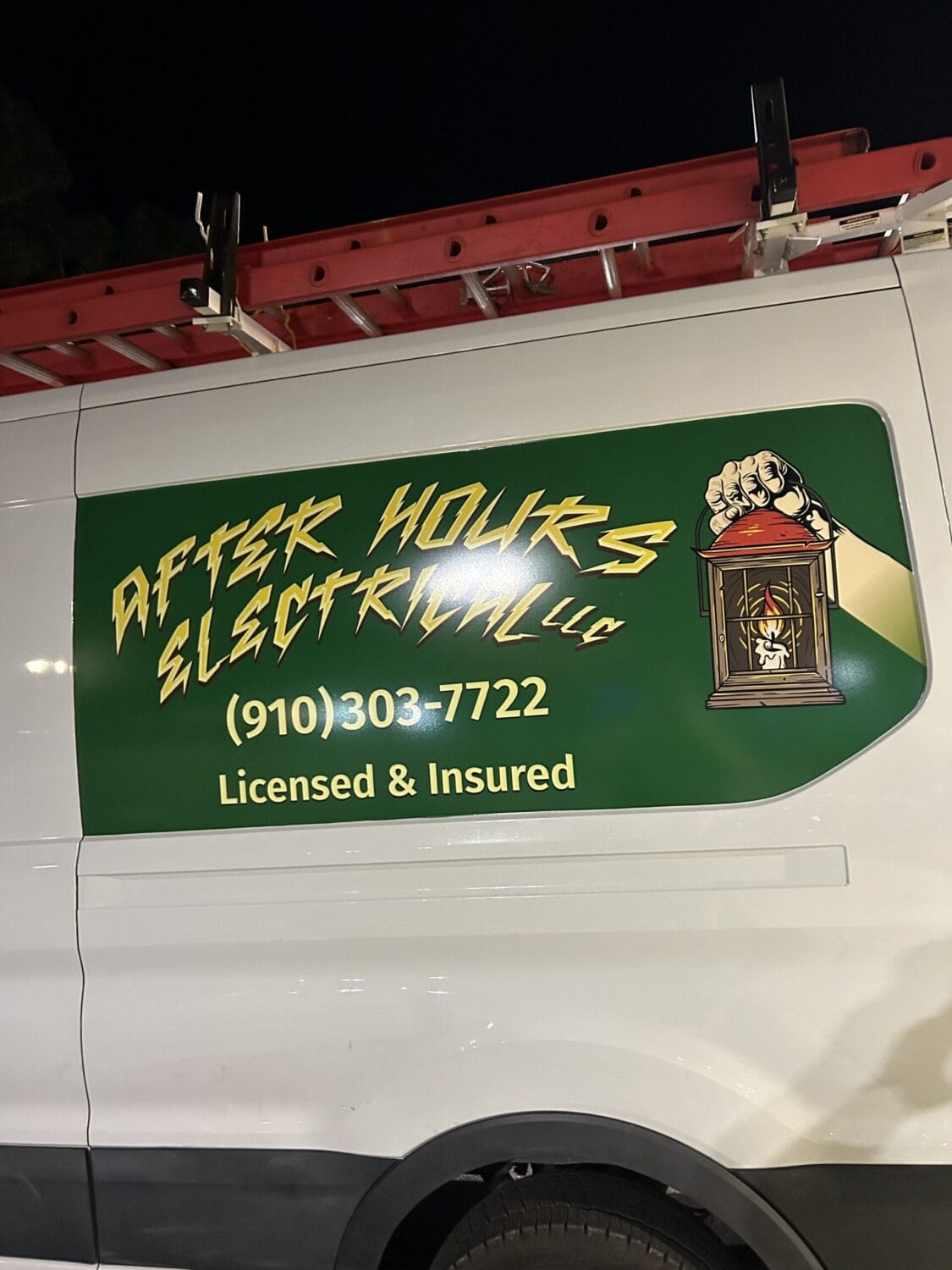 A van displays the logo and contact information for After Hours Electrical LLC, including a phone number and Licensed & Insured text. A red ladder is mounted on the roof.