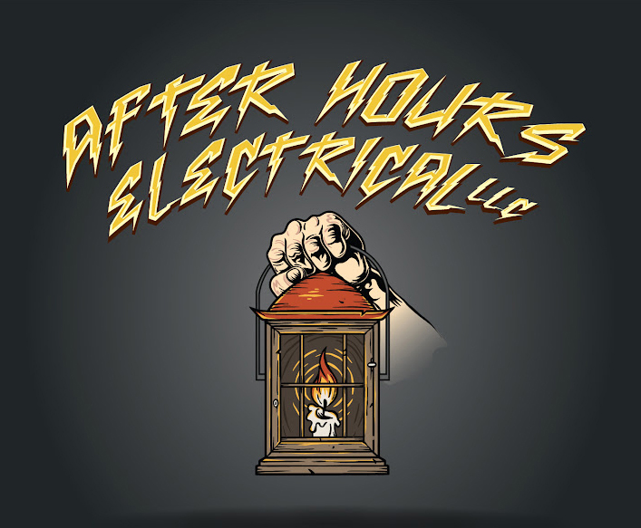 Logo for After Hours Electrical LLC featuring a hand holding a lantern with a glowing light inside, set against a dark background with bold, stylized text above.