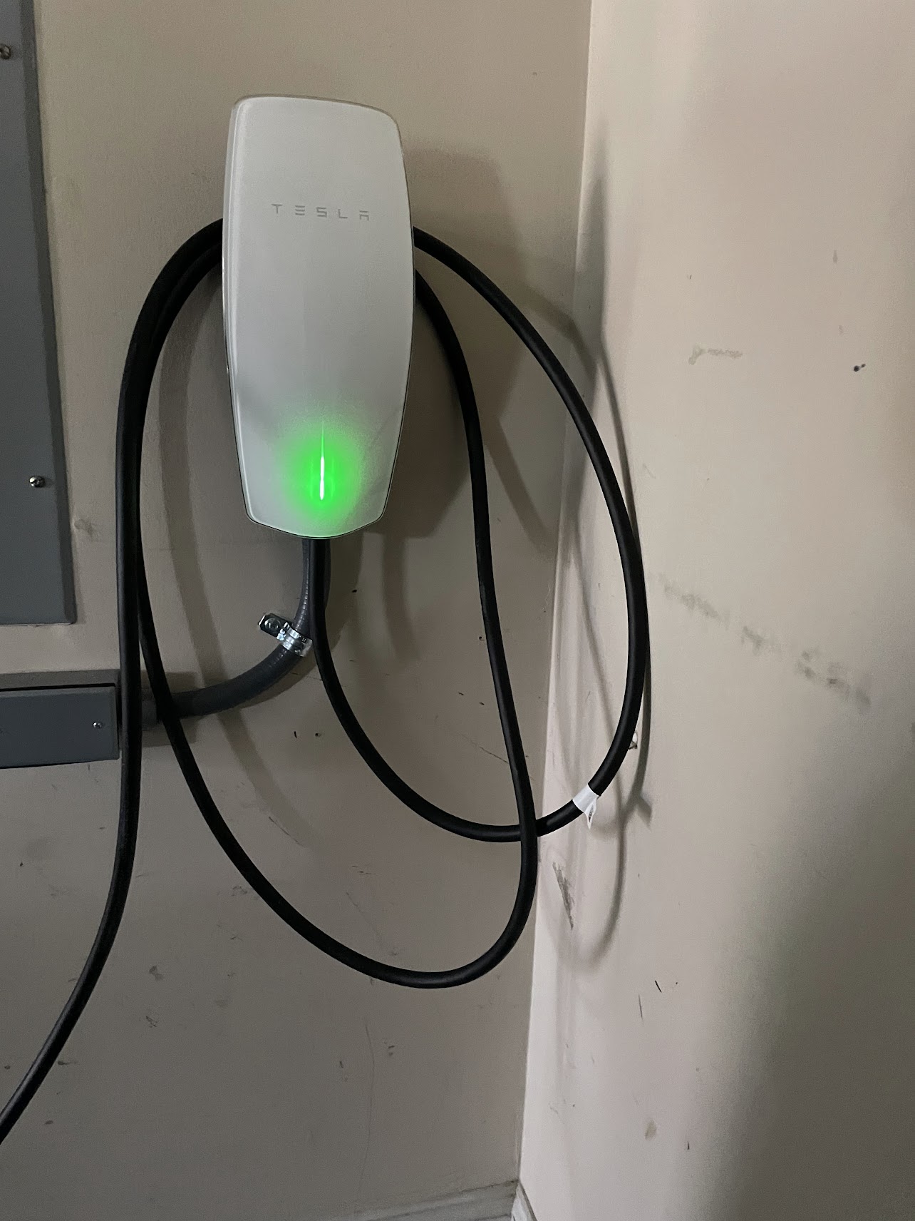 A Tesla wall connector with a coiled charging cable is mounted on a beige wall, displaying a green light indicator.